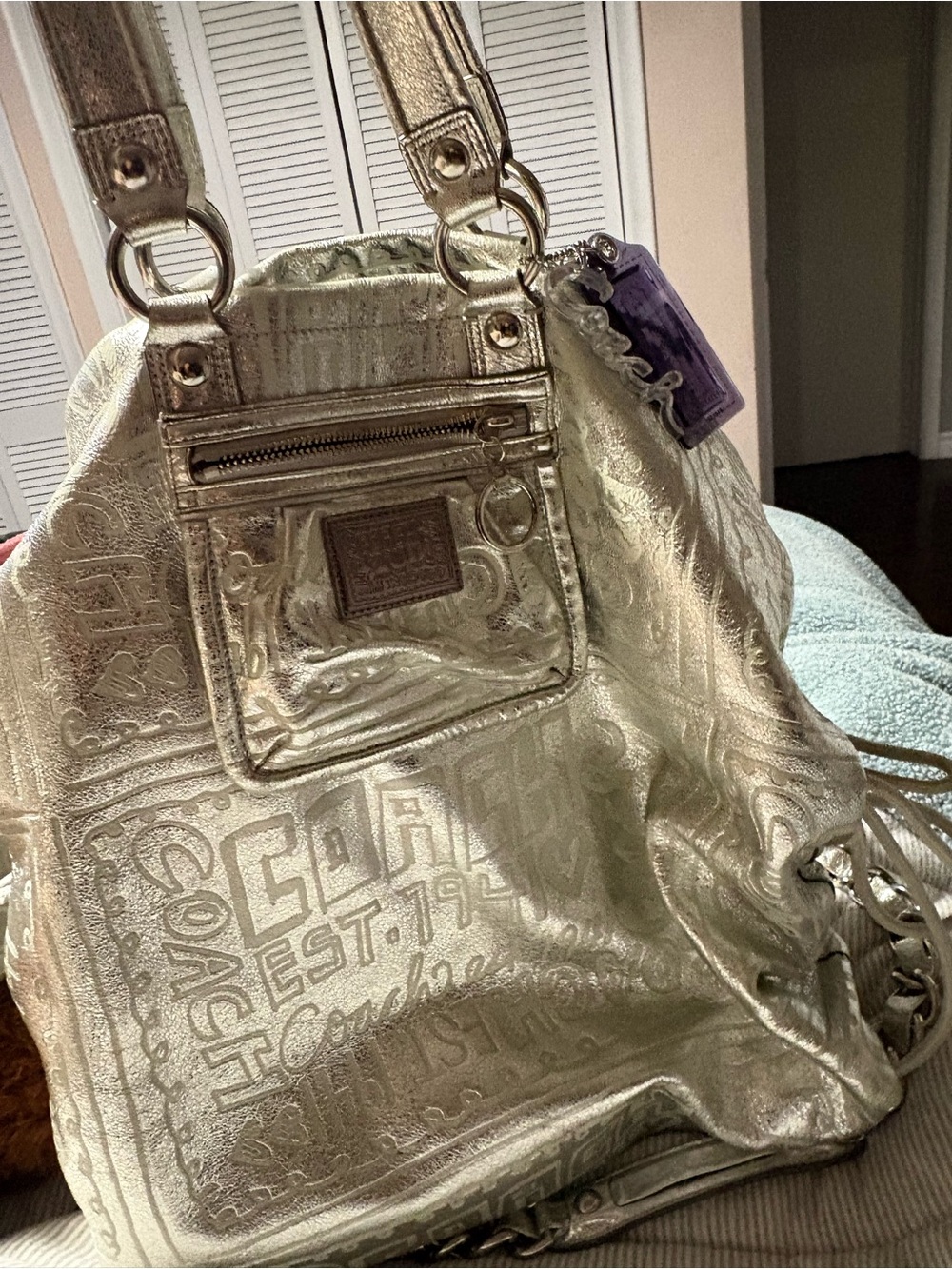 Coach Unique Metallic Silver Logo-Embossed Tote Bag